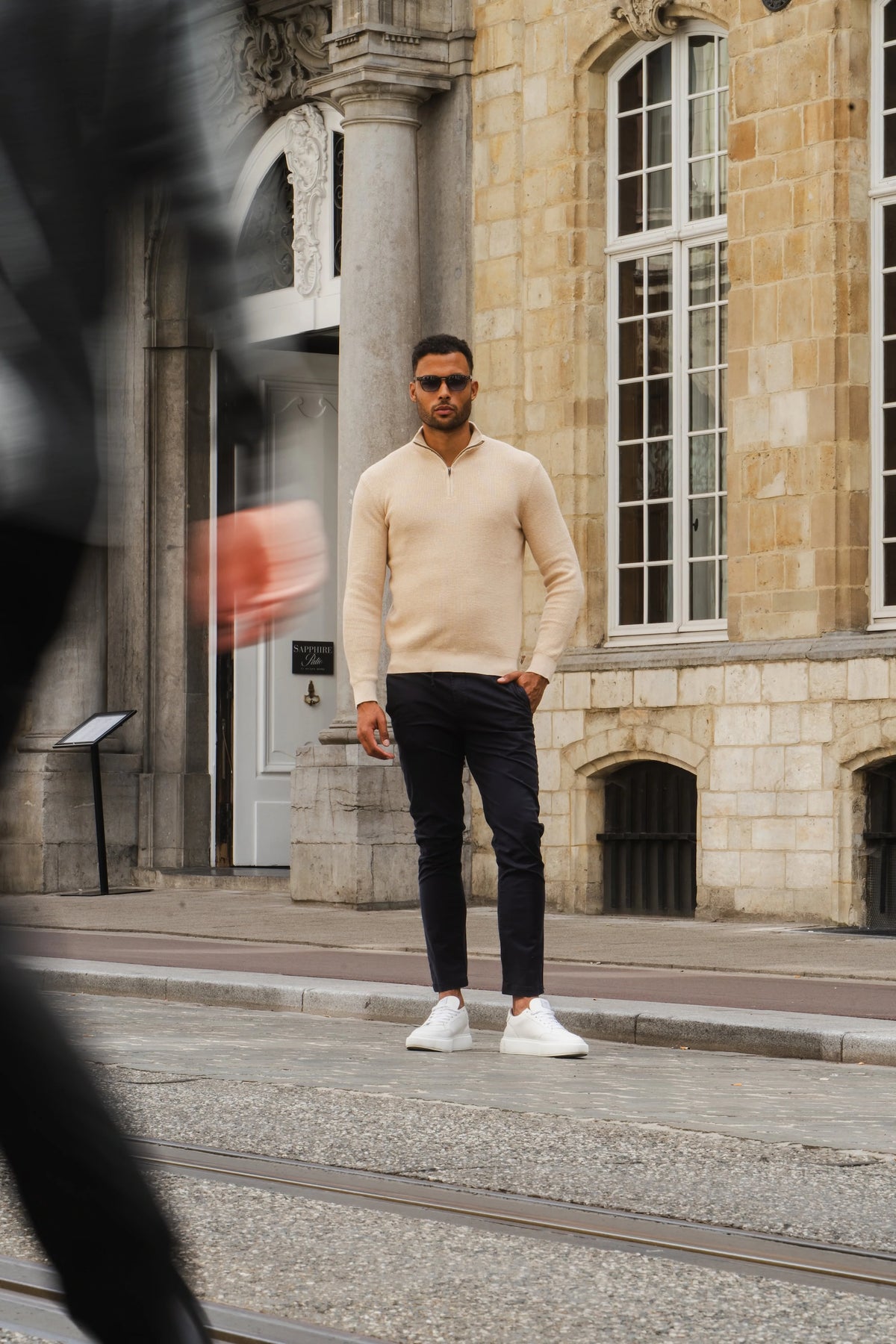 Peak Waffle Zipper Pullover Beige