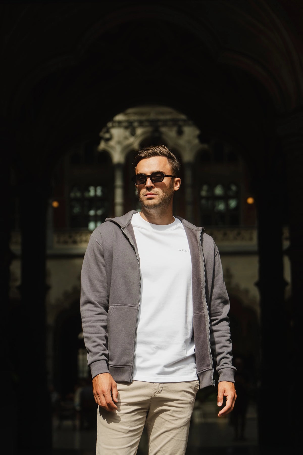 Essential Rubber Print Zipper Hoodie Iron Gate