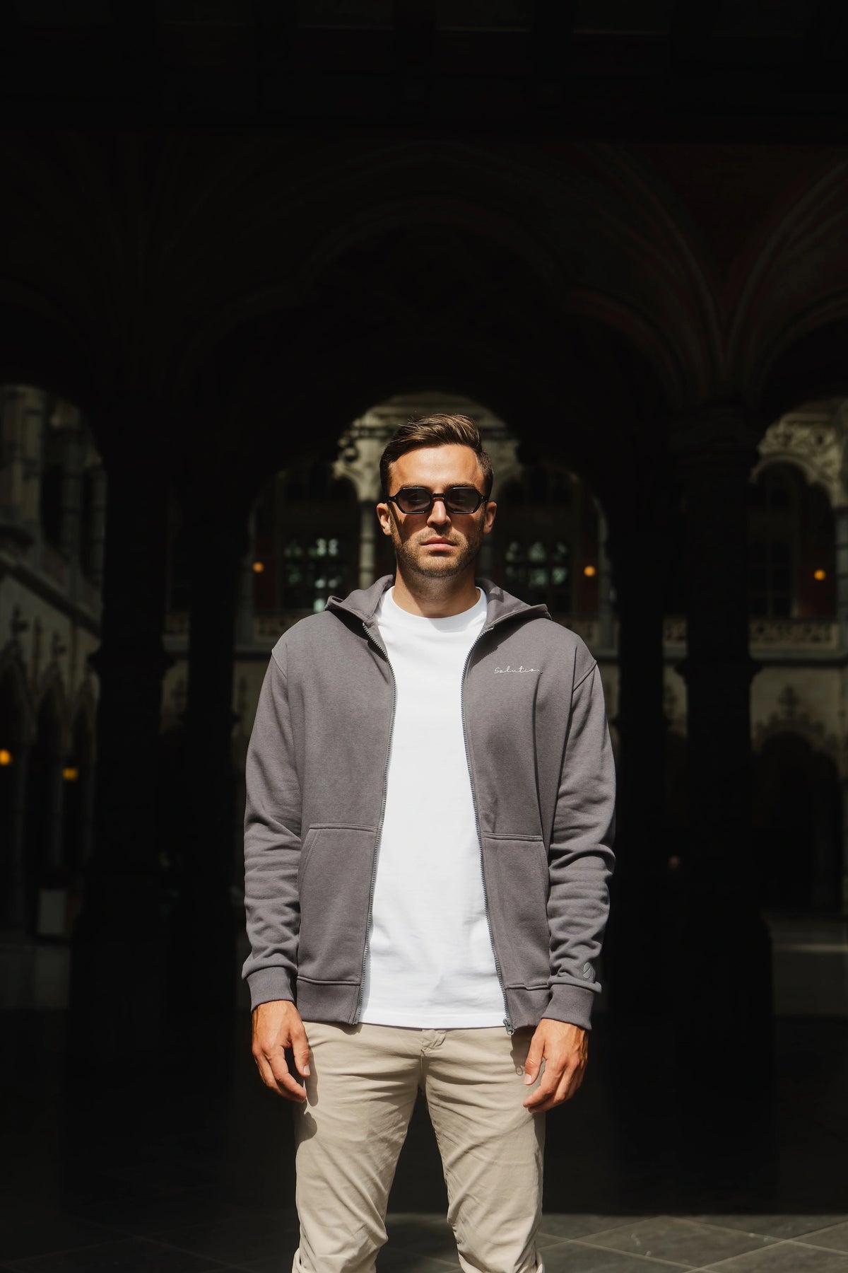 Essential Rubber Print Zipper Hoodie Iron Gate