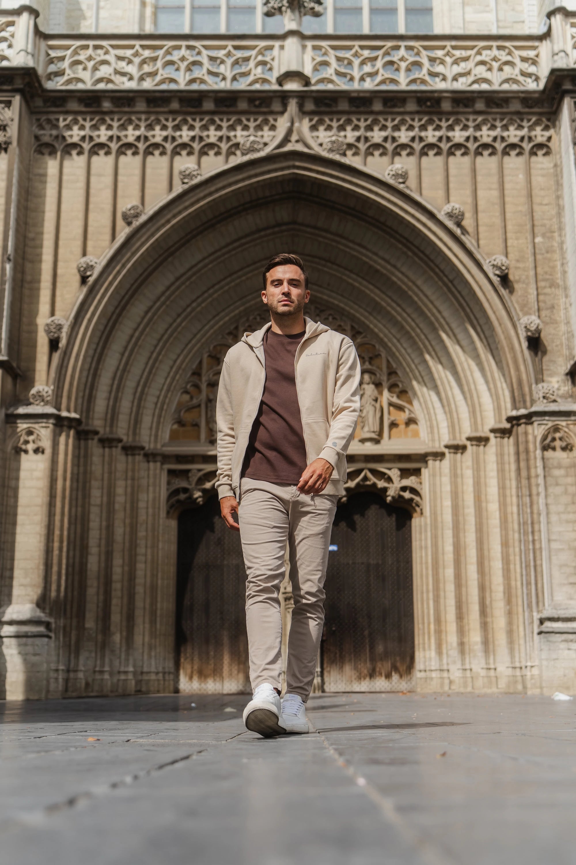 Essential Rubber Print Zipper Hoodie Beige