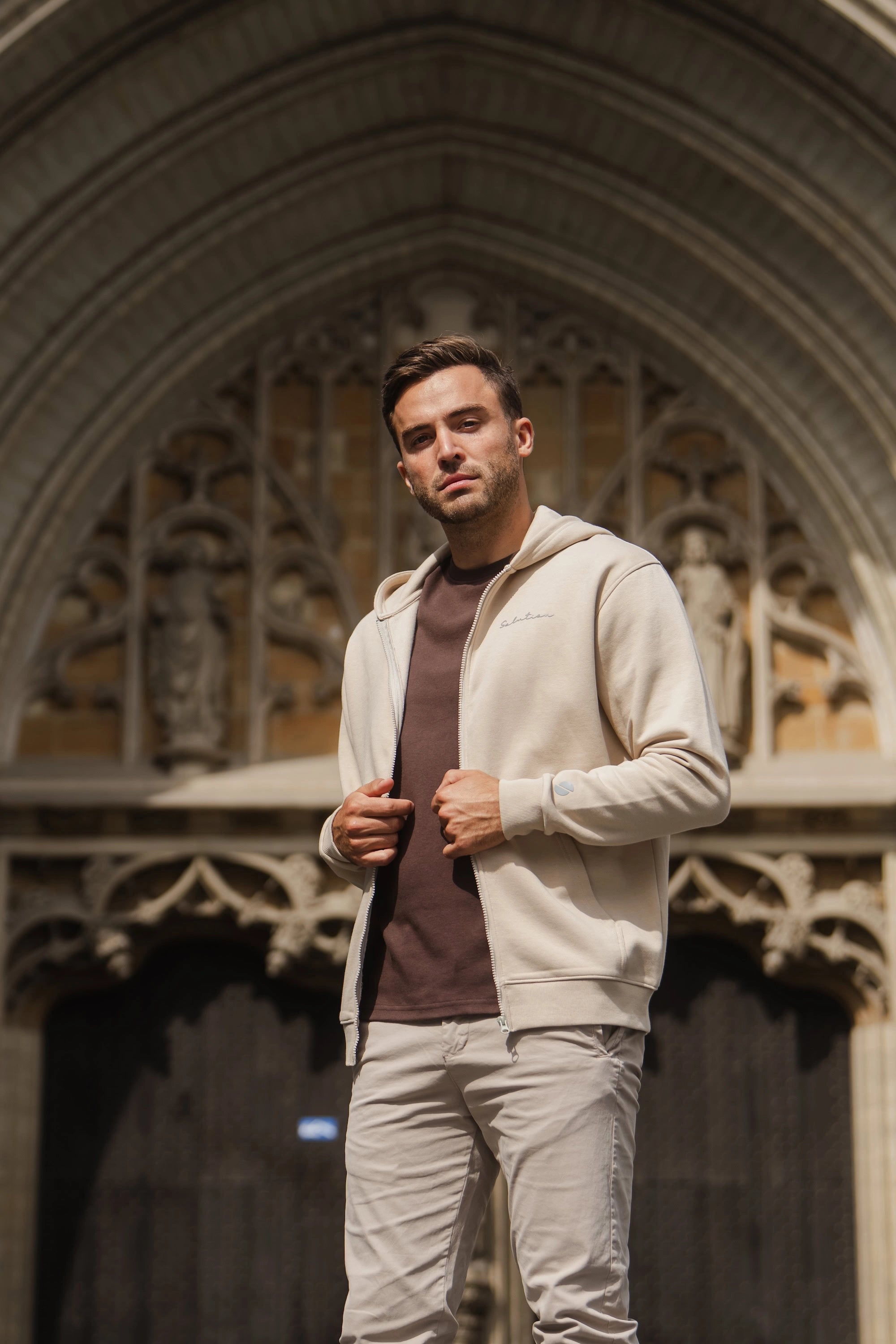 Essential Rubber Print Zipper Hoodie Beige