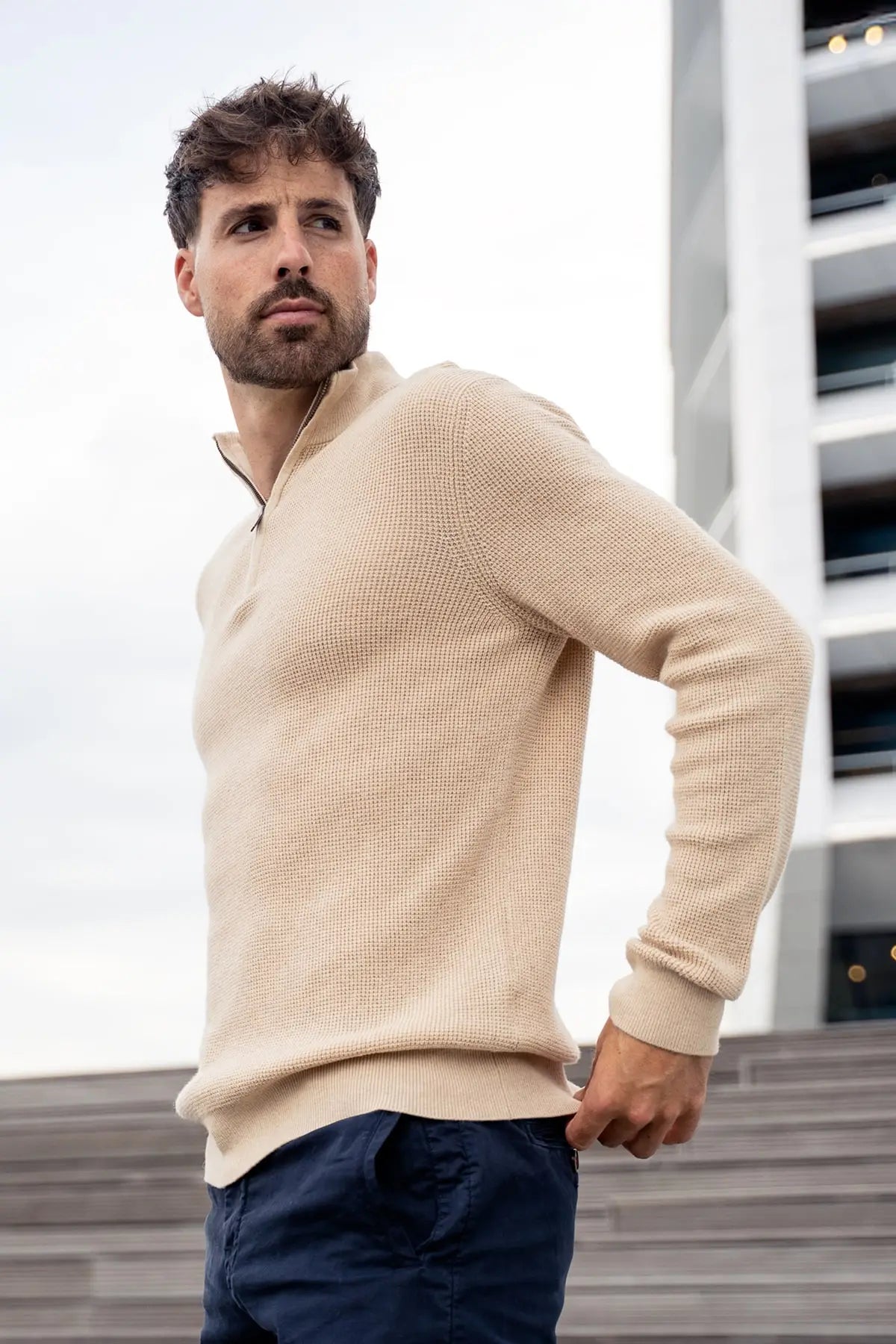 Peak Waffle Zipper Pullover Beige